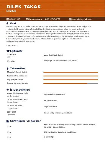 Eczacı CV Örnekleri cv indir